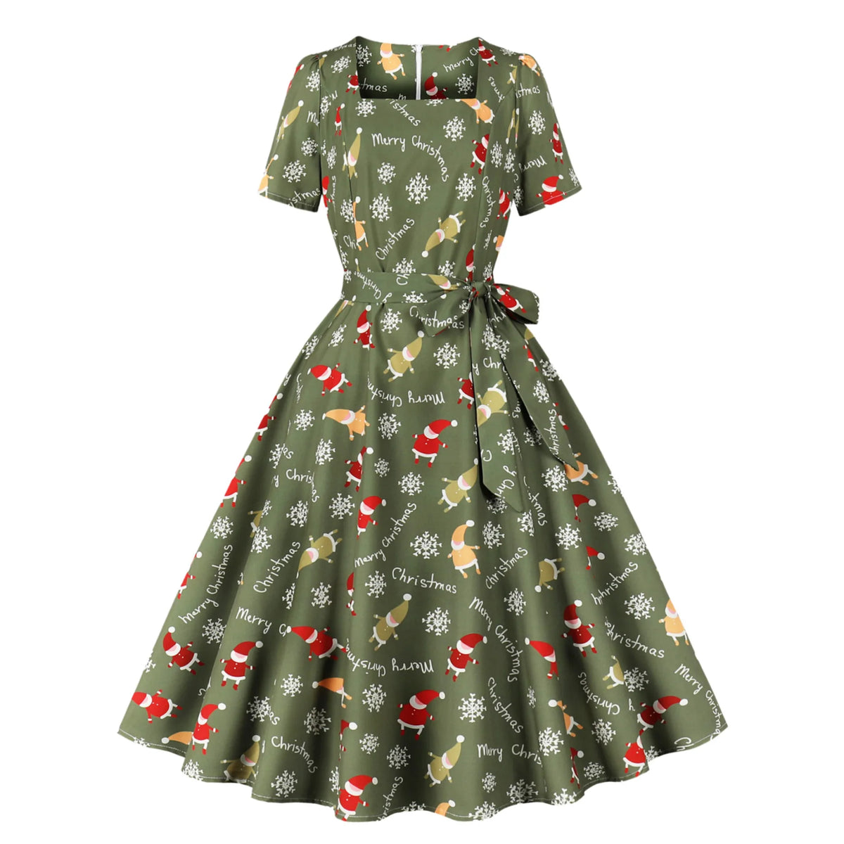 Trend Elegant Christmas Party Dresses Women Print Square Collar Short Sleeves Bowknot Leace-up A-line Dress Female New Vestidos