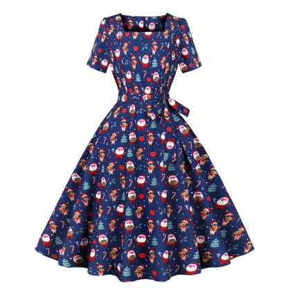 Trend Elegant Christmas Party Dresses Women Print Square Collar Short Sleeves Bowknot Leace-up A-line Dress Female New Vestidos