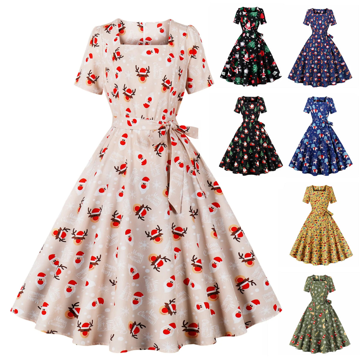 Trend Elegant Christmas Party Dresses Women Print Square Collar Short Sleeves Bowknot Leace-up A-line Dress Female New Vestidos