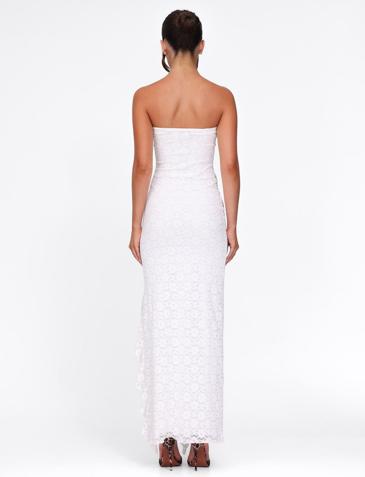 Strapless Floral Paisley Print High Slit Ruffle Trim Tube Maxi Dress