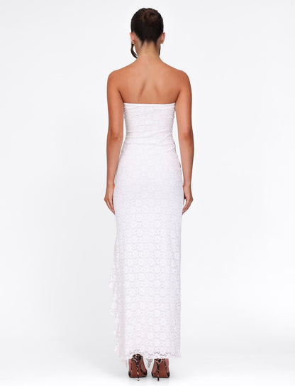 Strapless Floral Paisley Print High Slit Ruffle Trim Tube Maxi Dress