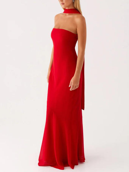 Satin Strapless Choker Neck Mermaid Maxi Gown