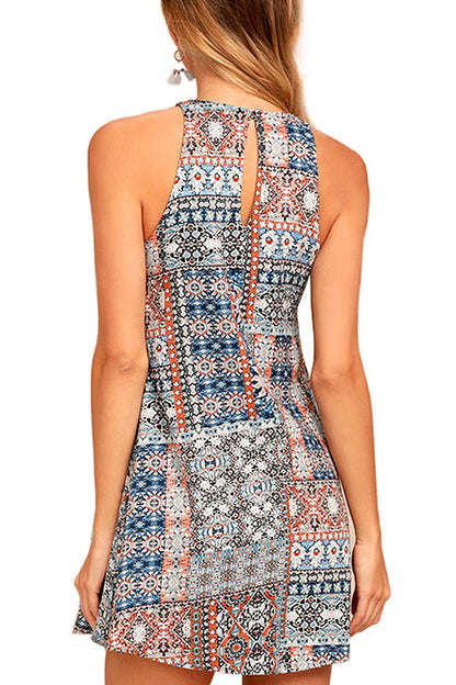 Boho Geometric Print Crew Neck Sleeveless A-Line Mini Dress