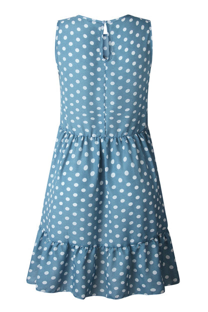 Polka Dot Crew Neck Sleeveless Ruffle Hem A-Line Mini Dress