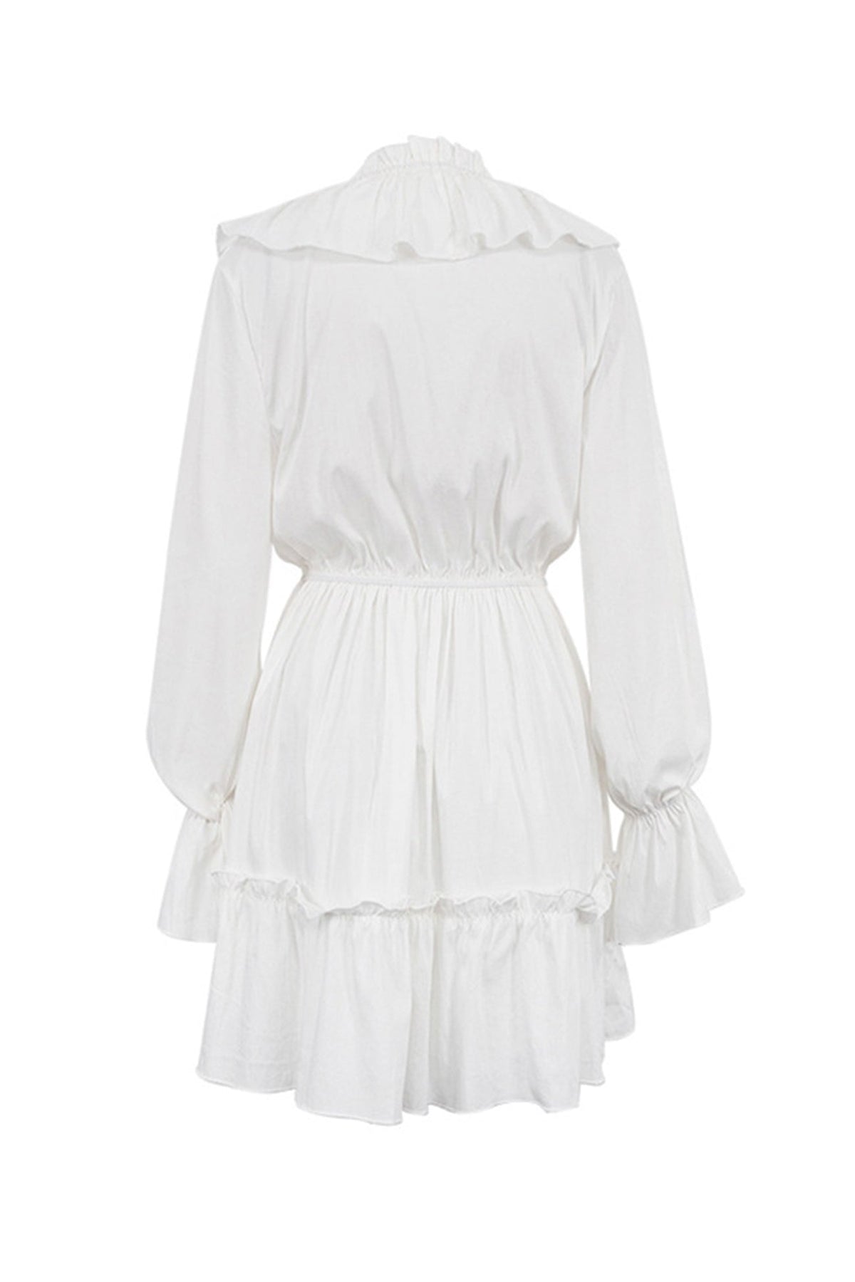 Deep V-Neck Ruffle Trim Trumpet Sleeve Tiered Ruffle Hem Mini Dress