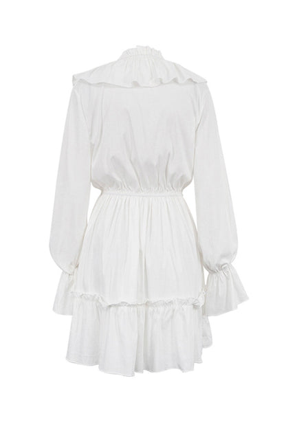 Deep V-Neck Ruffle Trim Trumpet Sleeve Tiered Ruffle Hem Mini Dress