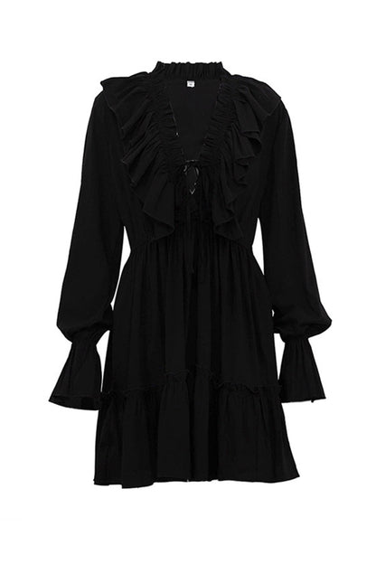 Deep V-Neck Ruffle Trim Trumpet Sleeve Tiered Ruffle Hem Mini Dress