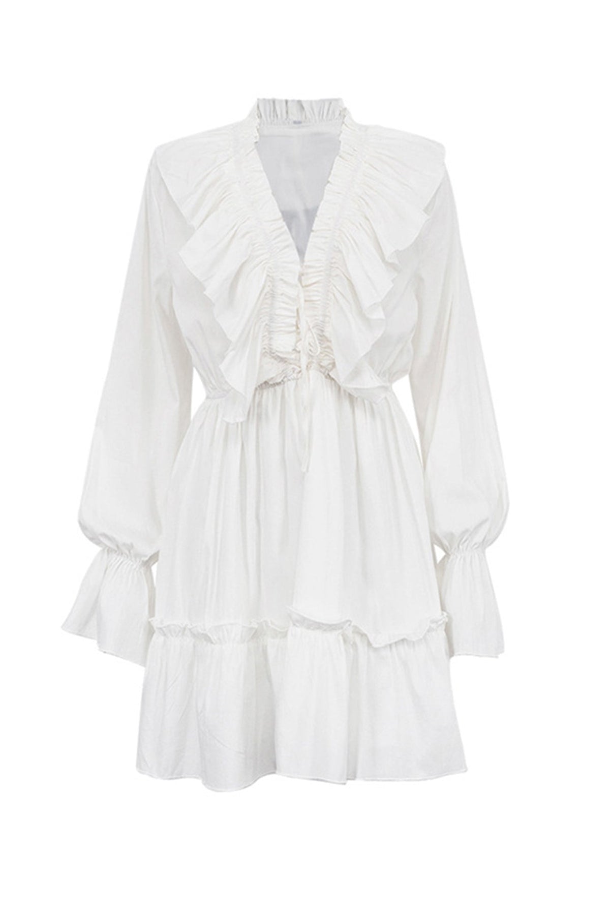 Deep V-Neck Ruffle Trim Trumpet Sleeve Tiered Ruffle Hem Mini Dress