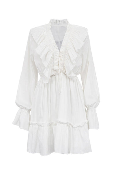 Deep V-Neck Ruffle Trim Trumpet Sleeve Tiered Ruffle Hem Mini Dress