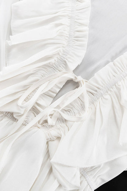 Deep V-Neck Ruffle Trim Trumpet Sleeve Tiered Ruffle Hem Mini Dress