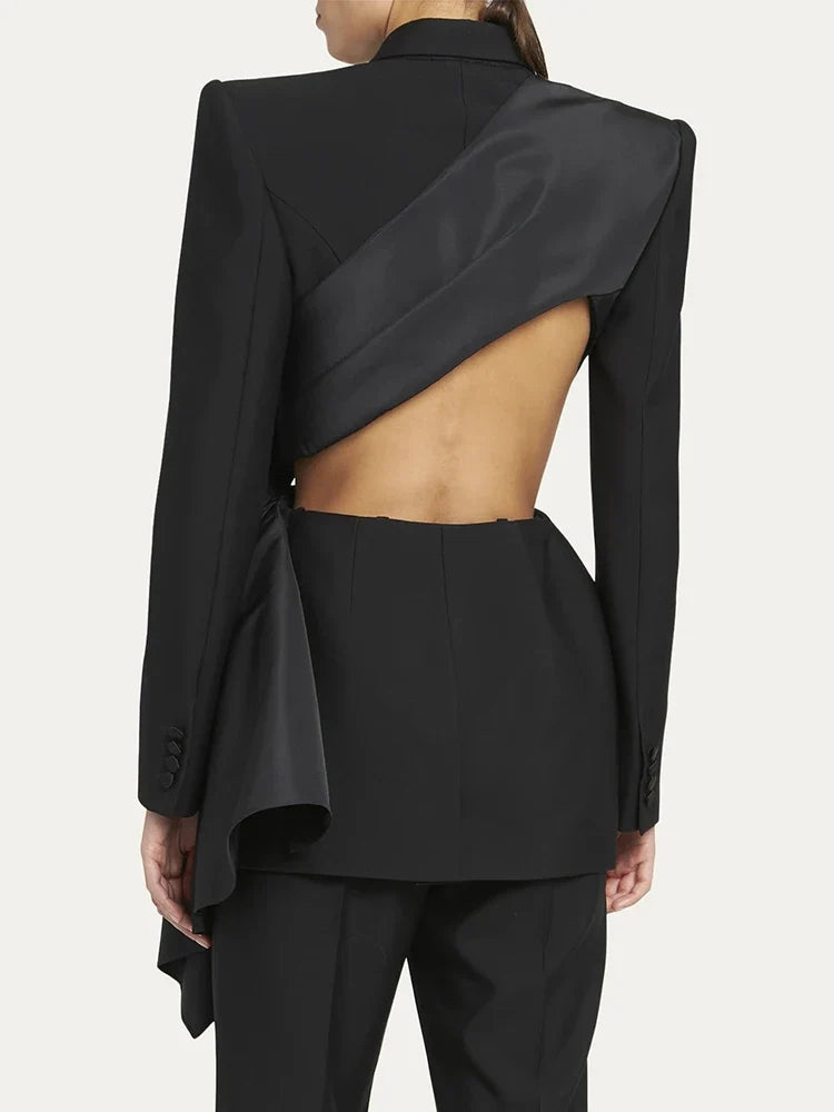 Temperament Black Notched Collar Long Sleeve Spliced Diamonds Slimming Blazer