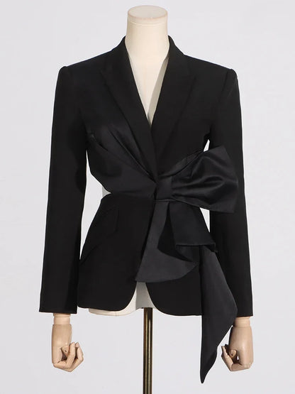 Temperament Black Notched Collar Long Sleeve Spliced Diamonds Slimming Blazer