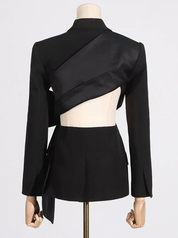 Temperament Black Notched Collar Long Sleeve Spliced Diamonds Slimming Blazer