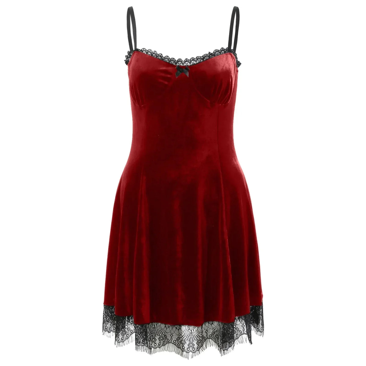 Velvet Sweetheart Lace Trim Spaghetti Strap A-Line Mini Dress