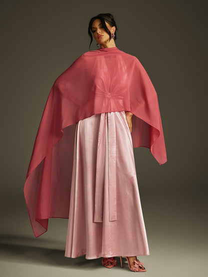 Sweetheart Neck Satin Box Pleat A Line Cape Shawl Overlay Backless Gown