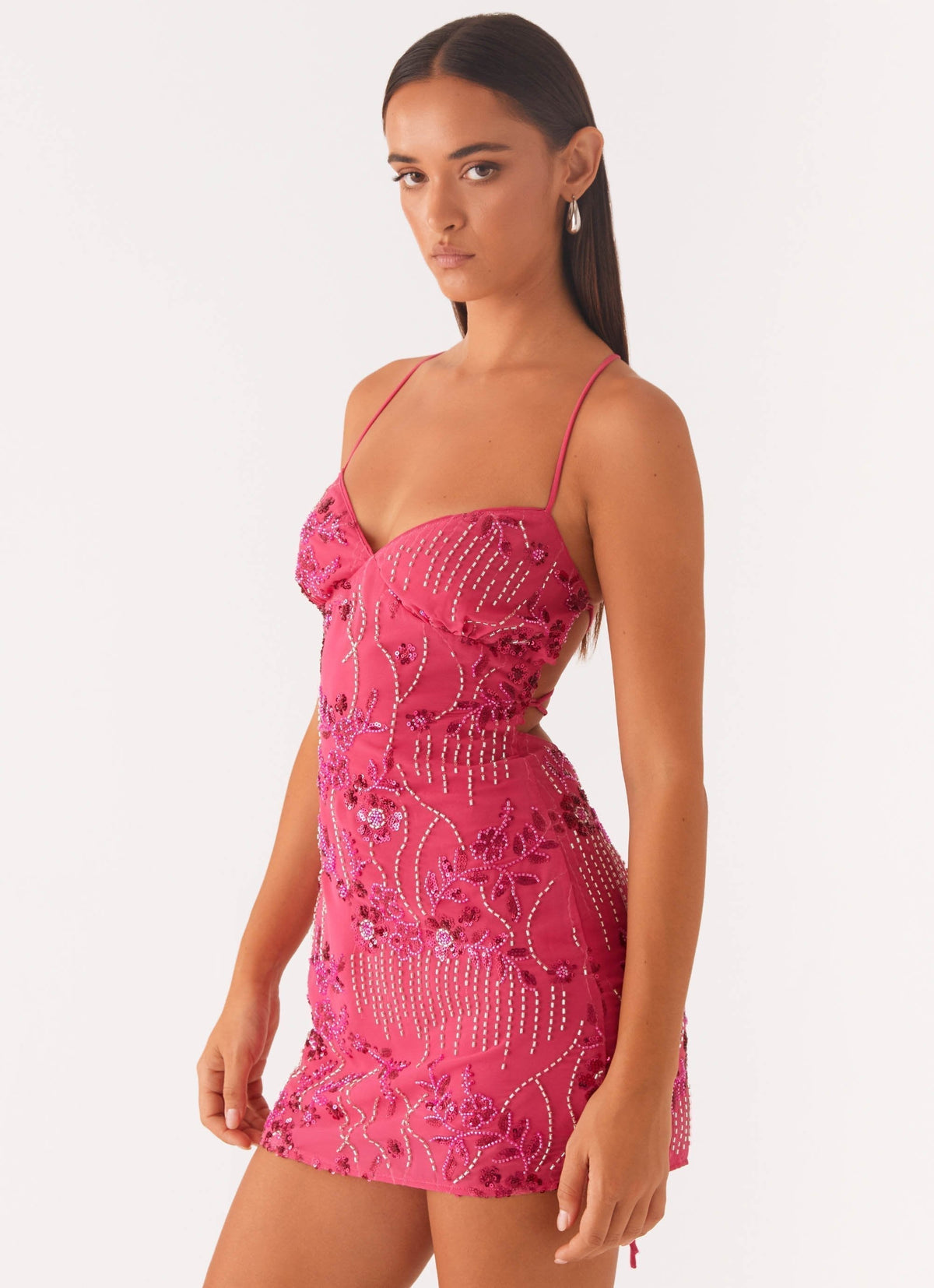 Beaded Floral Embroidery Sweetheart Spaghetti Strap Bodycon Mini Dress