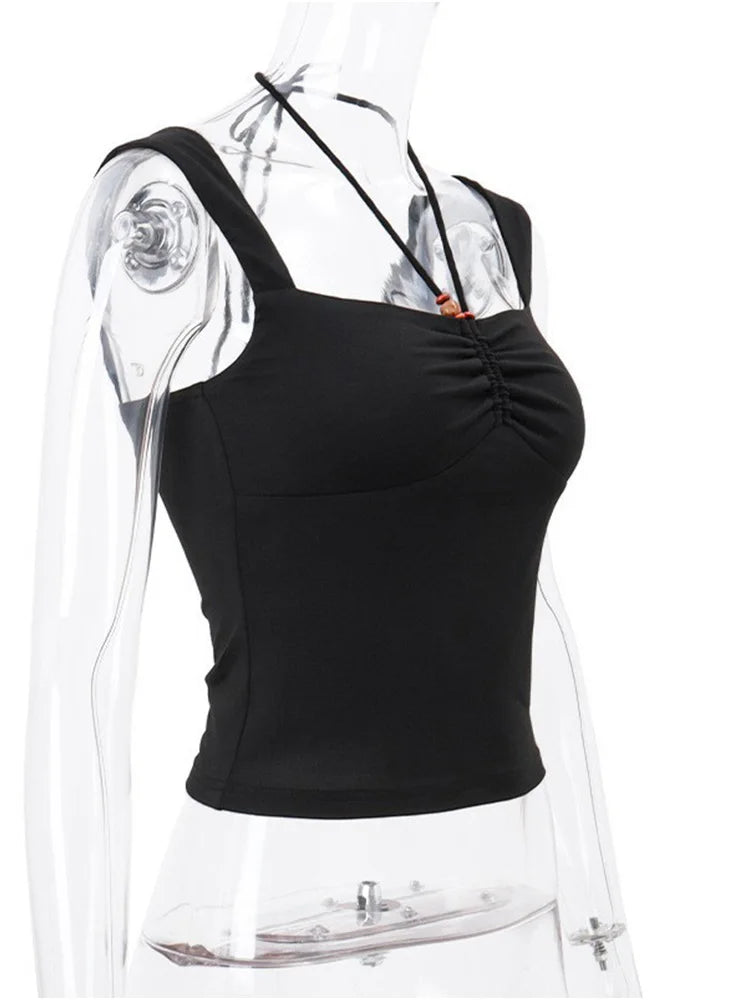 Vintage Black Square-neck Halter Tank Top Sexy Slim Pleated Backless Summer Crop Tops 2025 Women Sleeveless Bodycon Vest