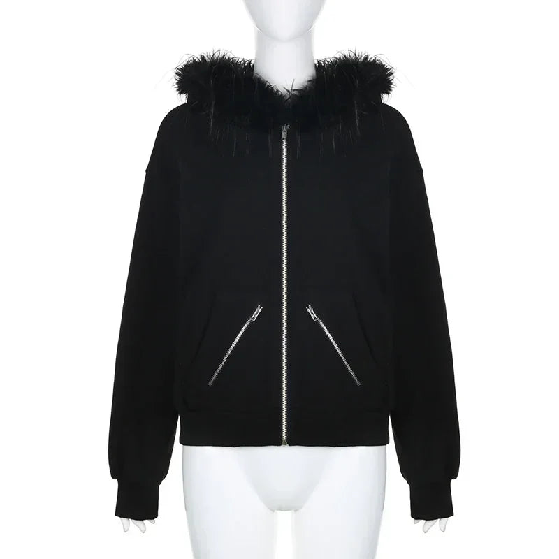 Gothic Graphic Print Rhinestones Zip Up Streetwear Hip Hop Hoodie