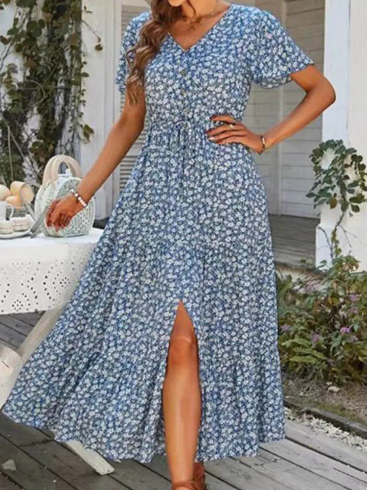 Ditsy Floral Print V-Neck Button Front Drawstring Waist Slit Maxi Dress