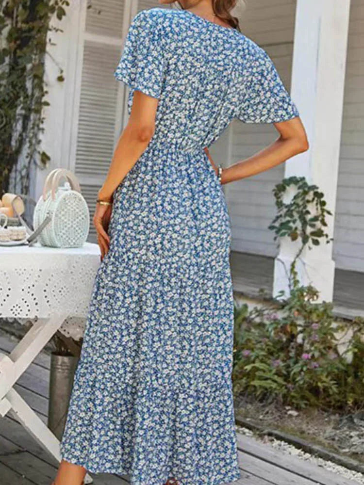 Ditsy Floral Print V-Neck Button Front Drawstring Waist Slit Maxi Dress