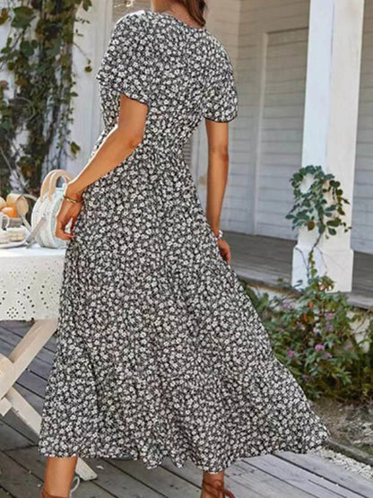 Ditsy Floral Print V-Neck Button Front Drawstring Waist Slit Maxi Dress