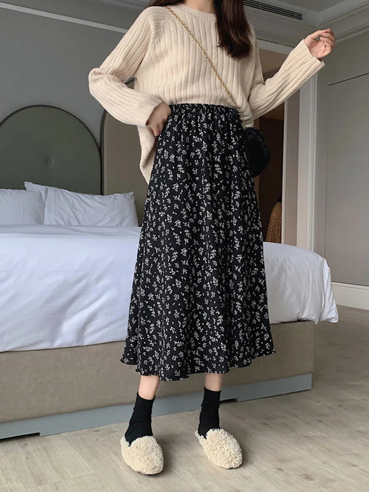 Vintage Floral Print A-line Pleated Streetwear Drawstring Midi Skirt
