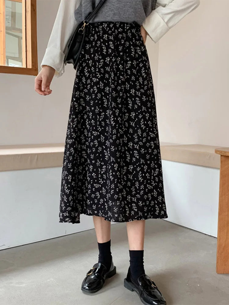 Vintage Floral Print A-line Pleated Streetwear Drawstring Midi Skirt