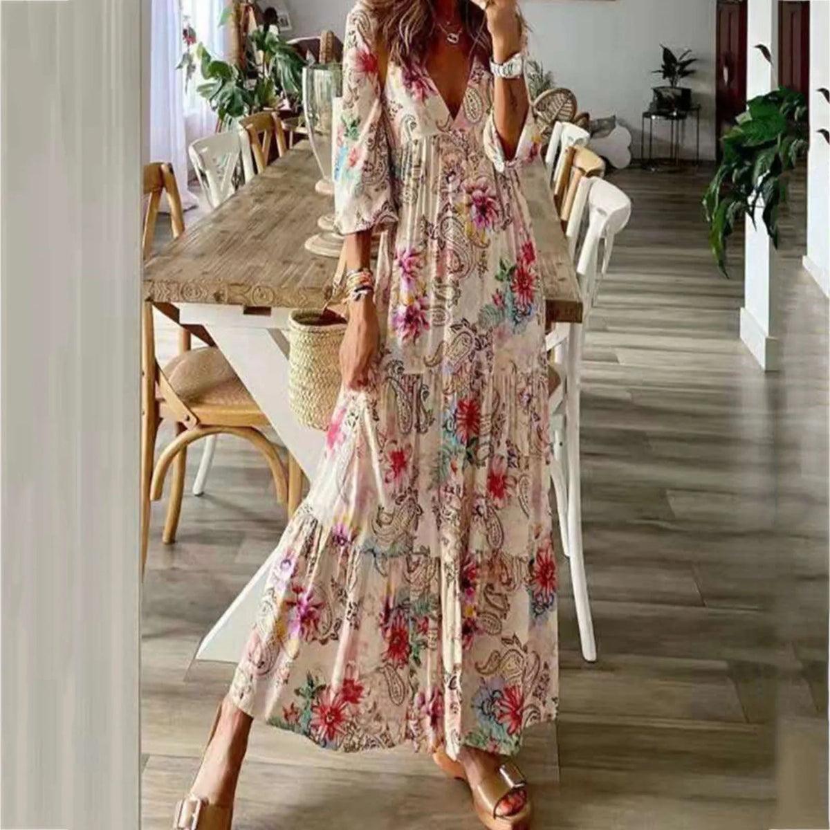 Deep V-Neck Balloon Sleeve Tiered Ruffle Floral Paisley Print Maxi Dress