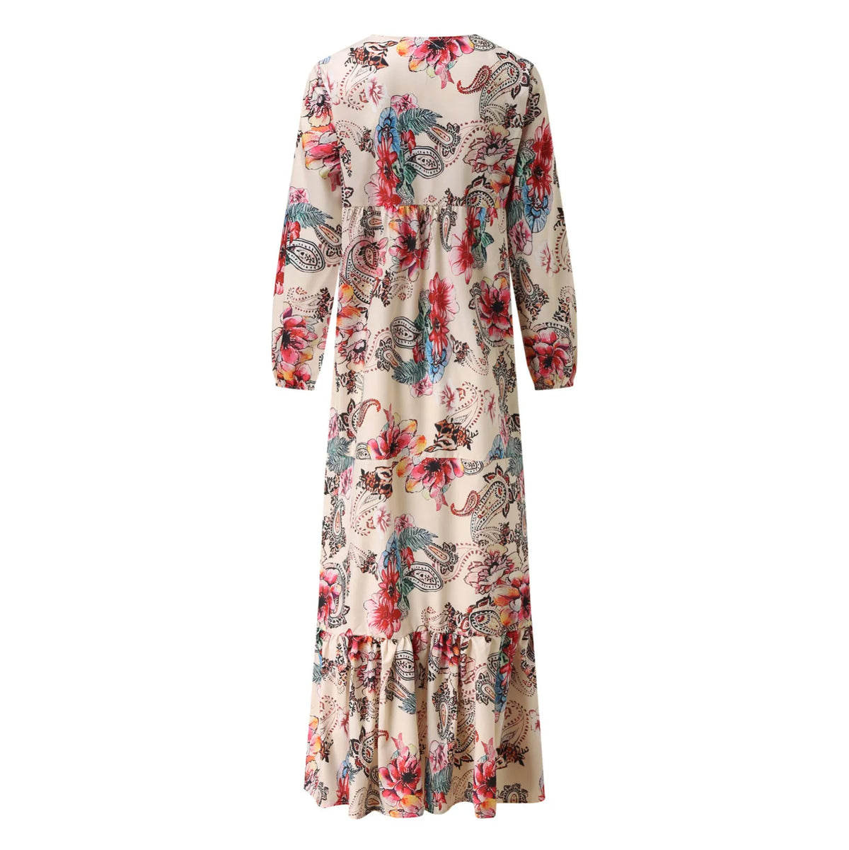Deep V-Neck Balloon Sleeve Tiered Ruffle Floral Paisley Print Maxi Dress