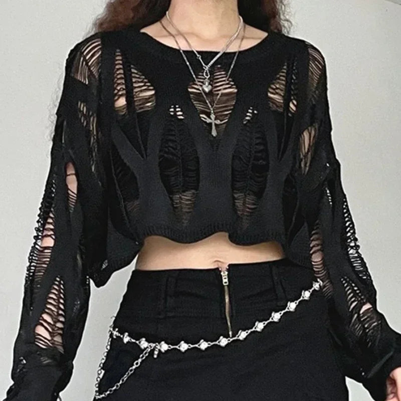 Vintage Hole Ripped Fashion Cropped Hollow Spring Sweater