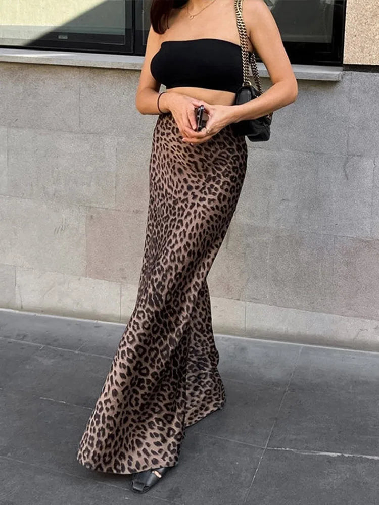 Vintage Leopard Print Trumpet Skirts Female 2025 Street Chic High Waist Long Skirt Spring Office Slim Zipper Skirts