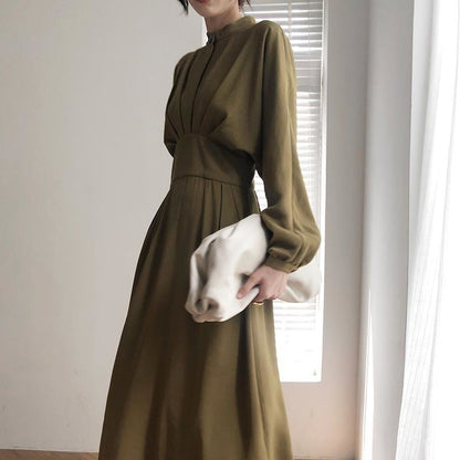 Mock Neck Lantern Sleeve Pleated Waist A-Line Maxi Dress