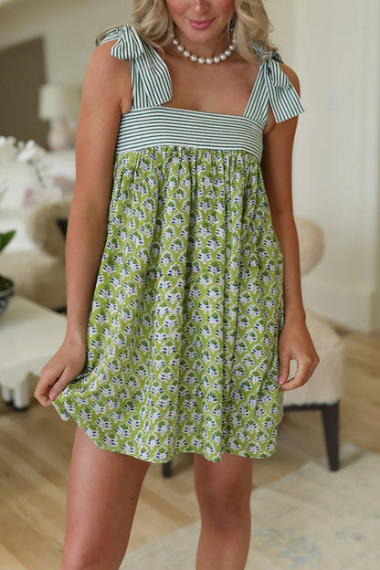 Striped Bodice Tie Shoulder Strap Floral Print Empire Waist Mini Dress