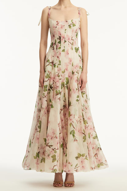 Botanical Fruit Floral Print Corset Bodice Spaghetti Strap Maxi Gown