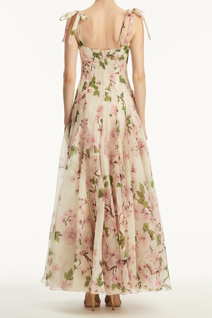 Botanical Fruit Floral Print Corset Bodice Spaghetti Strap Maxi Gown