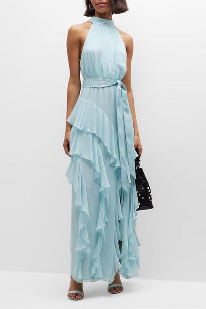 Halter Neck Pleated Bodice Sash Tie Tiered Ruffle High Slit Maxi Dress