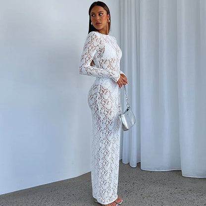 White Black Floral Lace See Through Maxi Autumn Elegant Sexy Party Photoshoot Long Sleeve Lace Dress