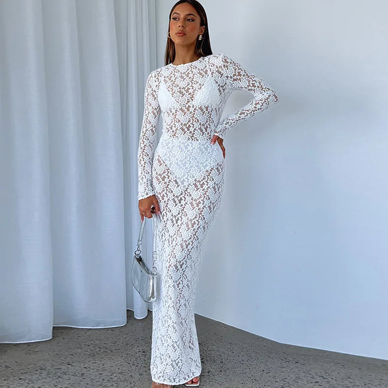 White Black Floral Lace See Through Maxi Autumn Elegant Sexy Party Photoshoot Long Sleeve Lace Dress