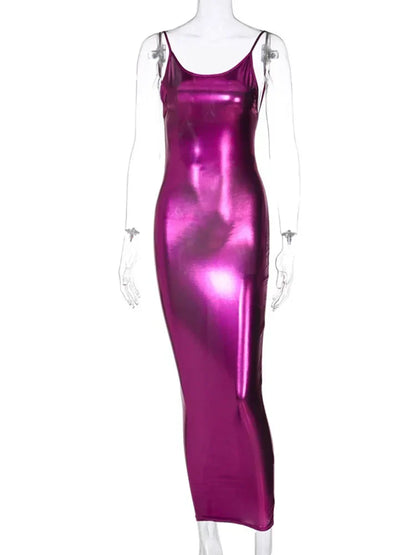 Metallic Spaghetti Strap Scoop Neck Bodycon Maxi Dress
