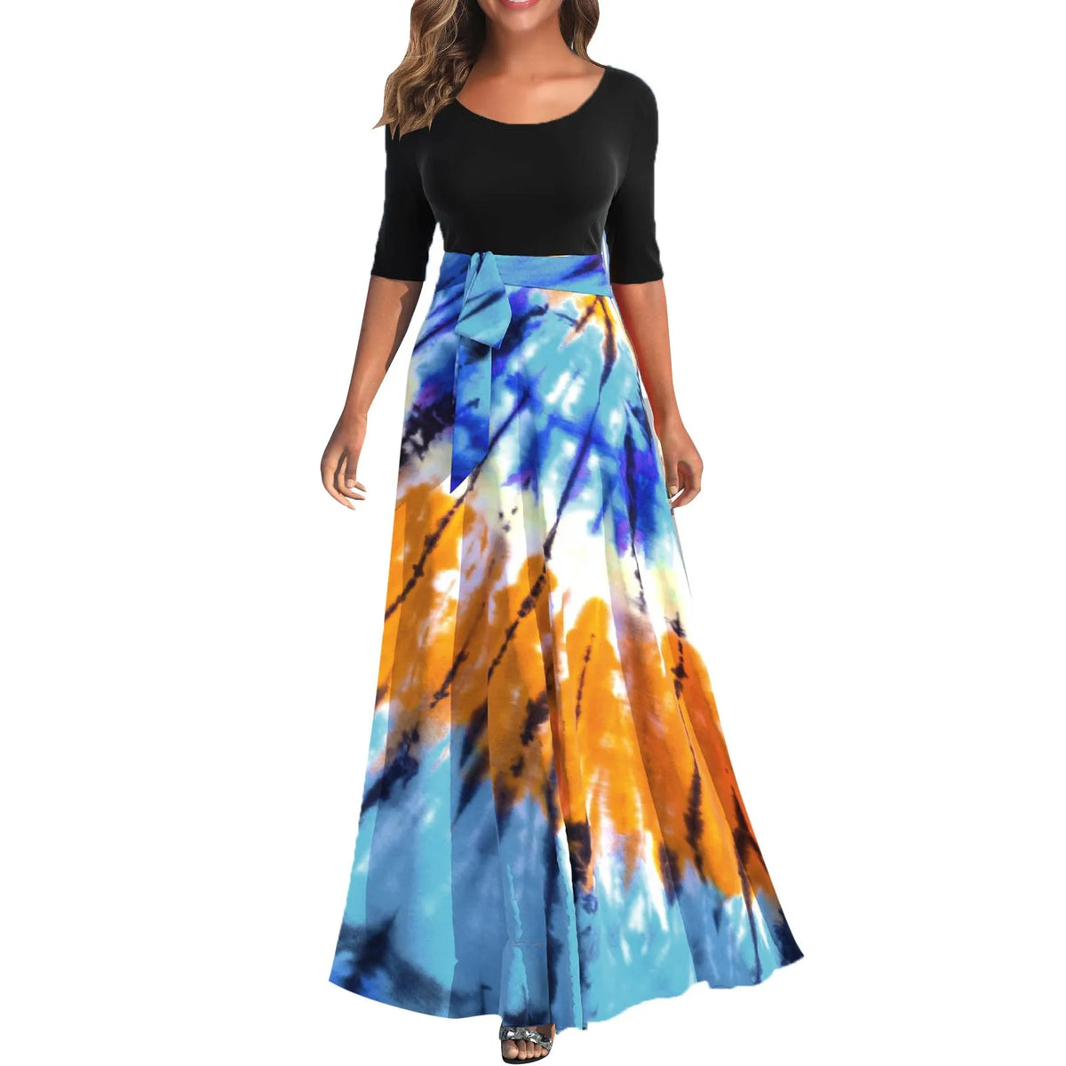 Vertical Stripe Color Block Tie Waist 3/4 Sleeve Maxi Dress