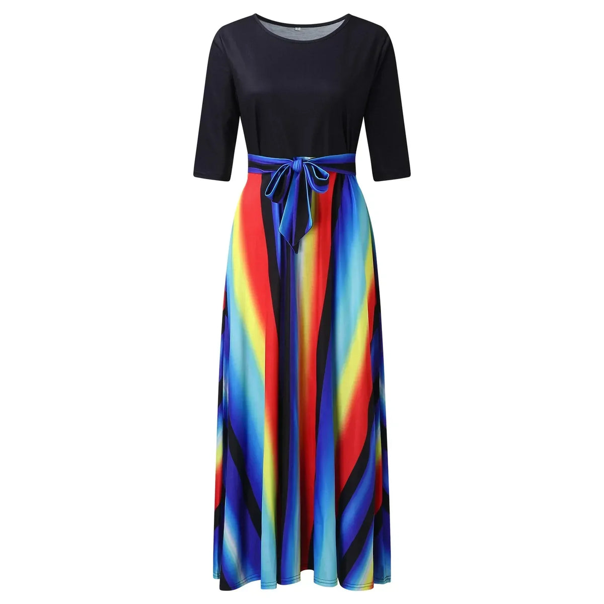 Vertical Stripe Color Block Tie Waist 3/4 Sleeve Maxi Dress