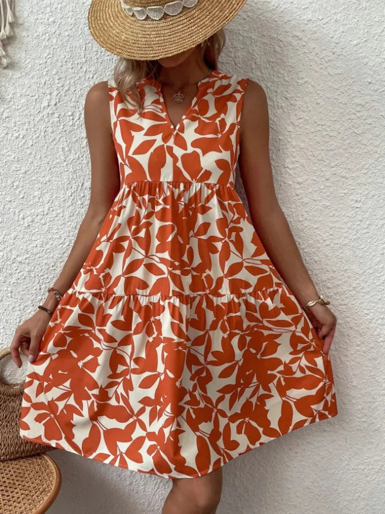 Sleeveless Botanical Leaf Print Tiered Babydoll Mini Dress