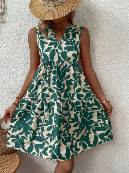 Sleeveless Botanical Leaf Print Tiered Babydoll Mini Dress