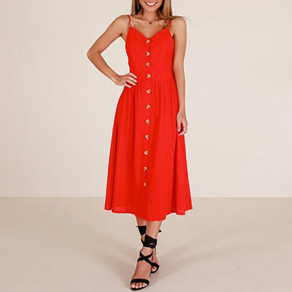V-Neck Spaghetti Strap Button-Front A-Line Midi Dress