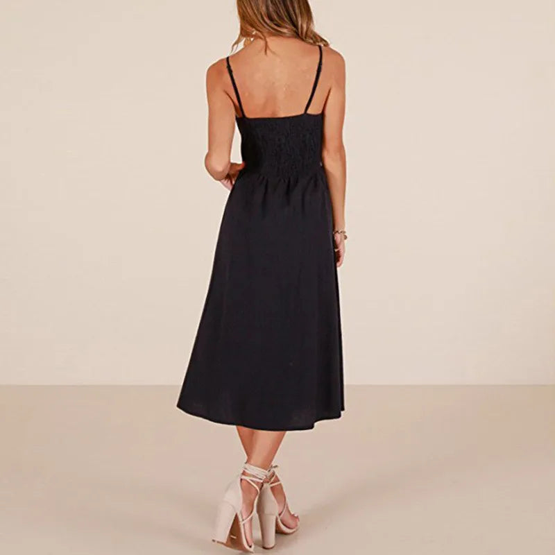 Spaghetti Strap V-Neck Button Front A-Line Midi Dress