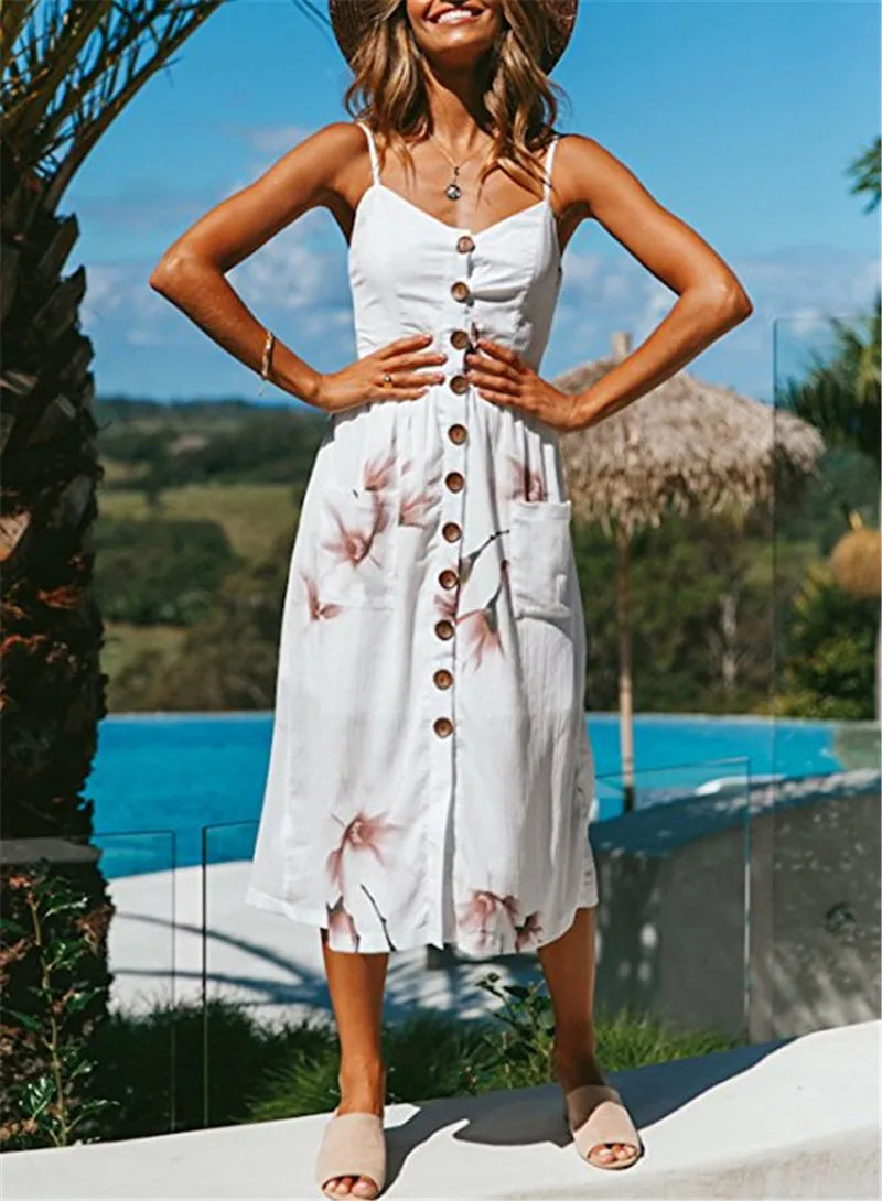 V-Neck Spaghetti Strap Button-Front A-Line Midi Dress