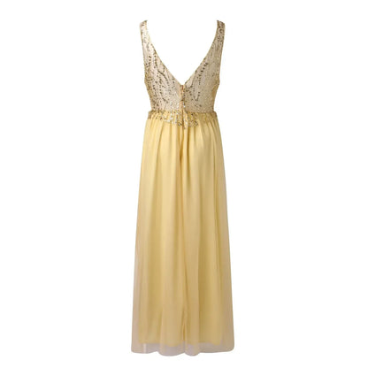 Deep V-Neck Sequin Mesh Bodice Chiffon Maxi Gown