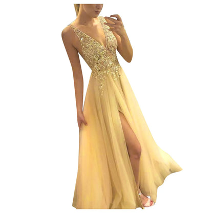 Deep V-Neck Sequin Mesh Bodice Chiffon Maxi Gown