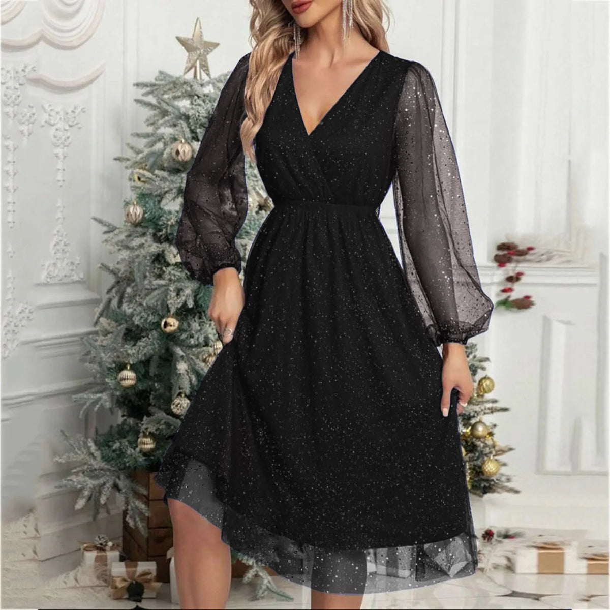 Glitter Mesh Lantern Sleeve Wrap V-Neck Elastic Waist Midi Dress