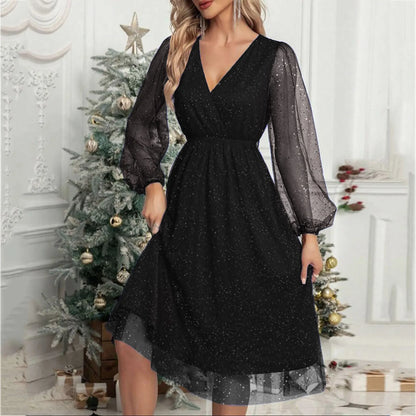 Glitter Mesh Lantern Sleeve Wrap V-Neck Elastic Waist Midi Dress